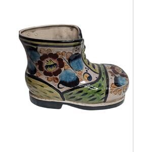1979 Mexican Hand Painted Boot Floral Flower Ceramic Glaze Planter Vase